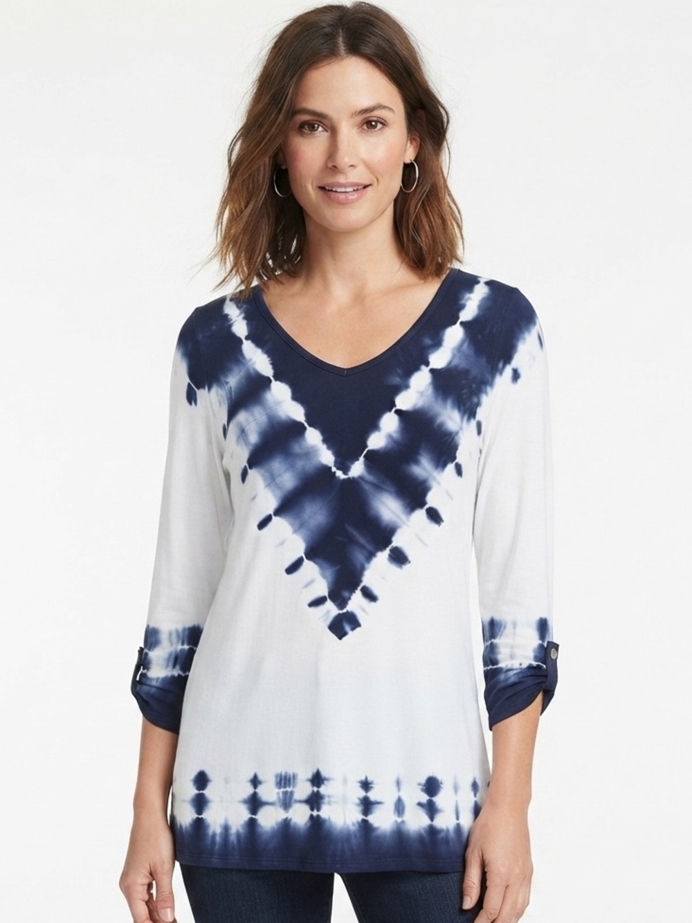 Zenergy by Chico's Blue & White Tie-Dye V-Neck Tunic Top Size 0 | Small